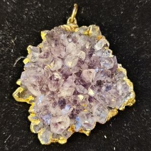 Purple Amethyst Geode Crystal Cluster Pendant with Gold ToneTrim